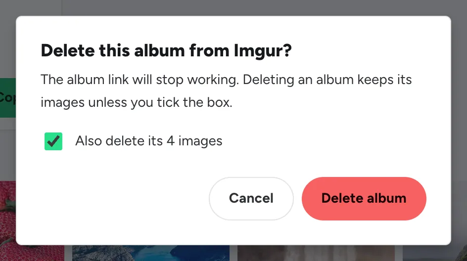 Dialog asking Delete this album from Imgur? with the option Also delete its 4 images ticked