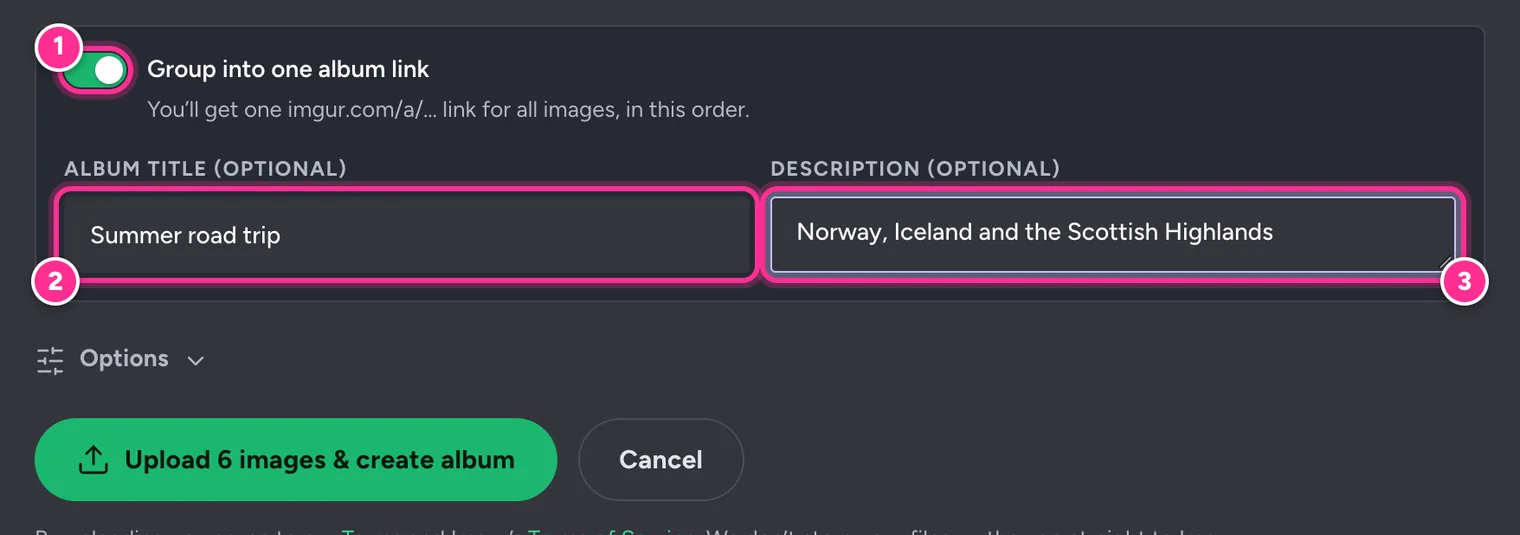 Group into one album link switched on, with the title Summer road trip and the description Norway, Iceland and the Scottish Highlands
