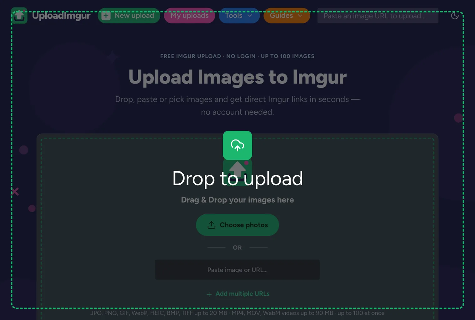 Dragging files over the UploadImgur page shows a full-page Drop to upload overlay