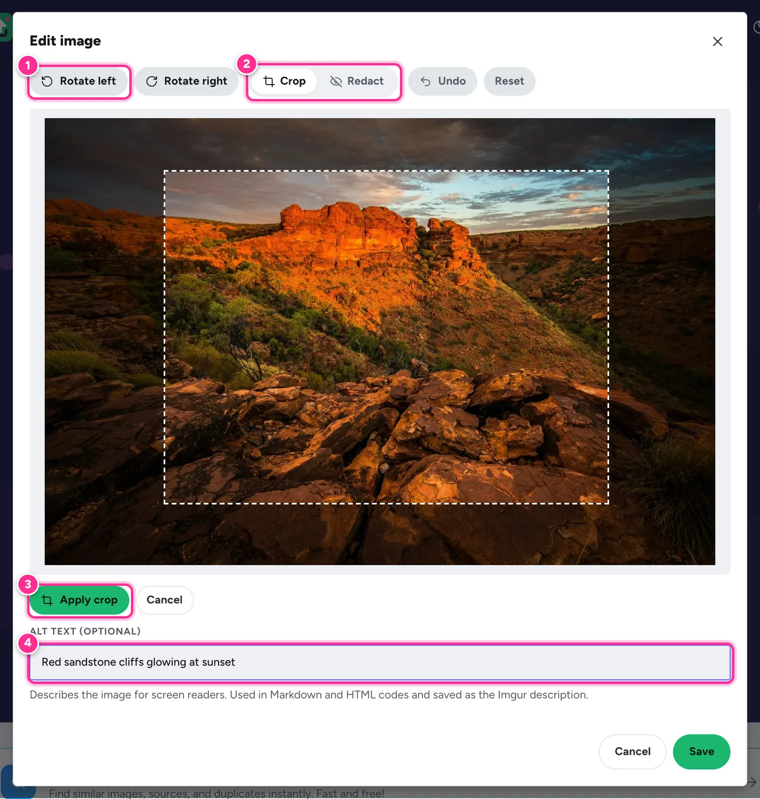 The Edit image window with numbered highlights: 1 Rotate left, 2 Crop and Redact modes, 3 Apply crop, 4 Alt text field