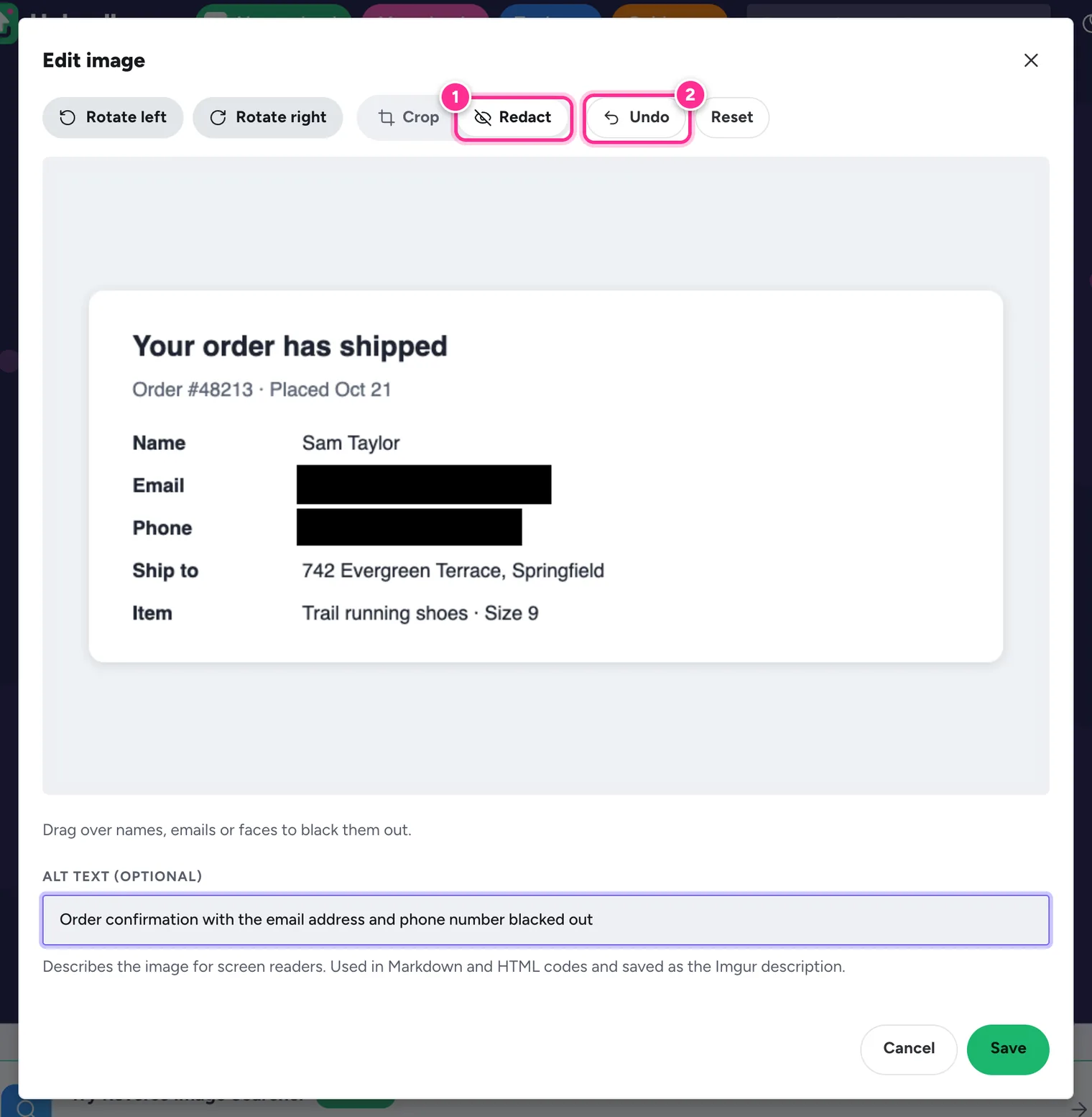 A screenshot of an order confirmation in the editor with the email address and phone number covered by black boxes