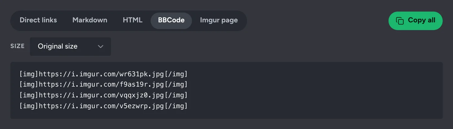 The BBCode tab in UploadImgur's results showing an [img] code for each uploaded image