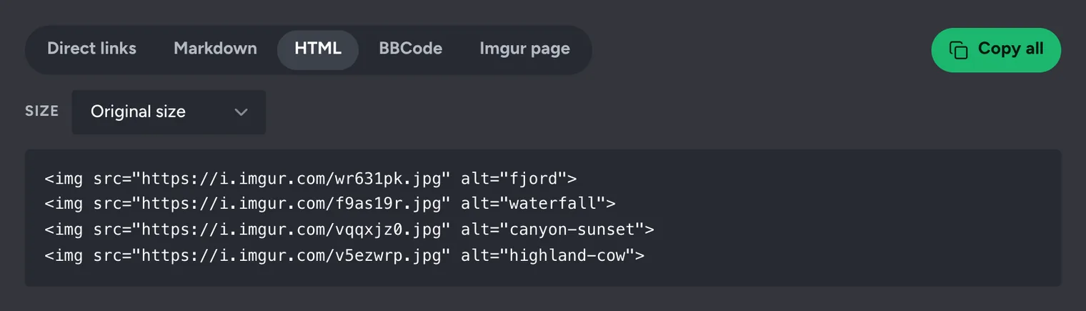 The HTML tab in UploadImgur's results showing an img tag with src and alt for each image