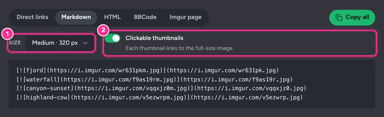 Markdown tab with Size set to Medium 320 px and Clickable thumbnails on, producing Markdown that wraps each thumbnail in a link to the full image