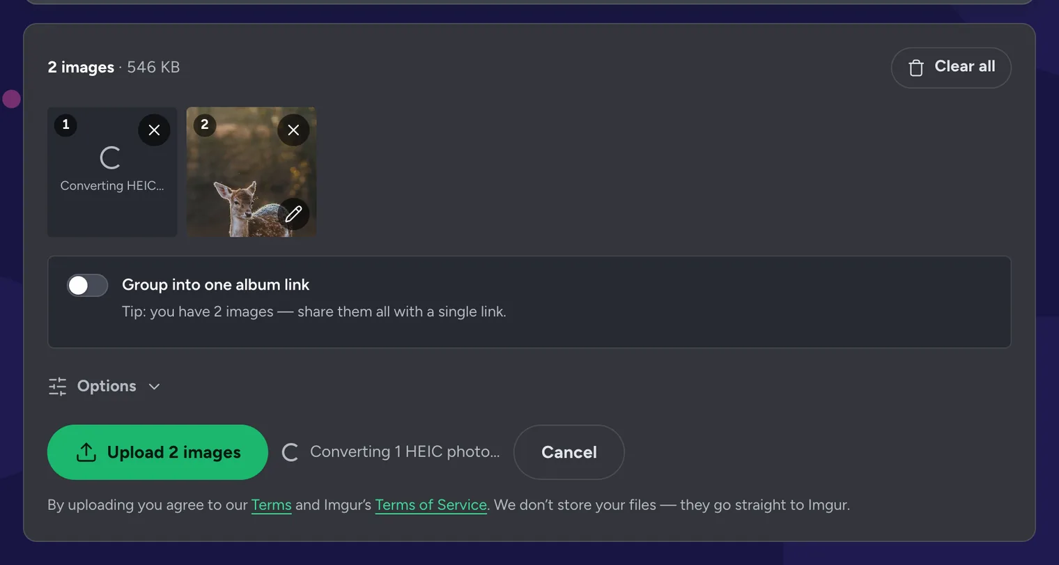 An upload queue where the first tile says Converting HEIC and the action bar says Converting 1 HEIC photo