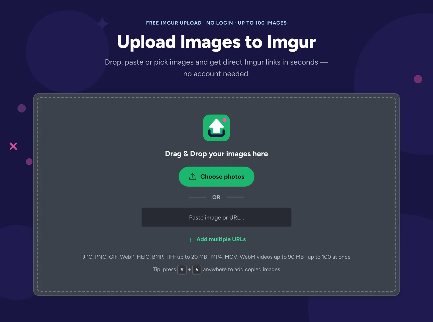 The UploadImgur home page with the upload box: Drag and drop your images here, Choose photos, and a Paste image or URL field