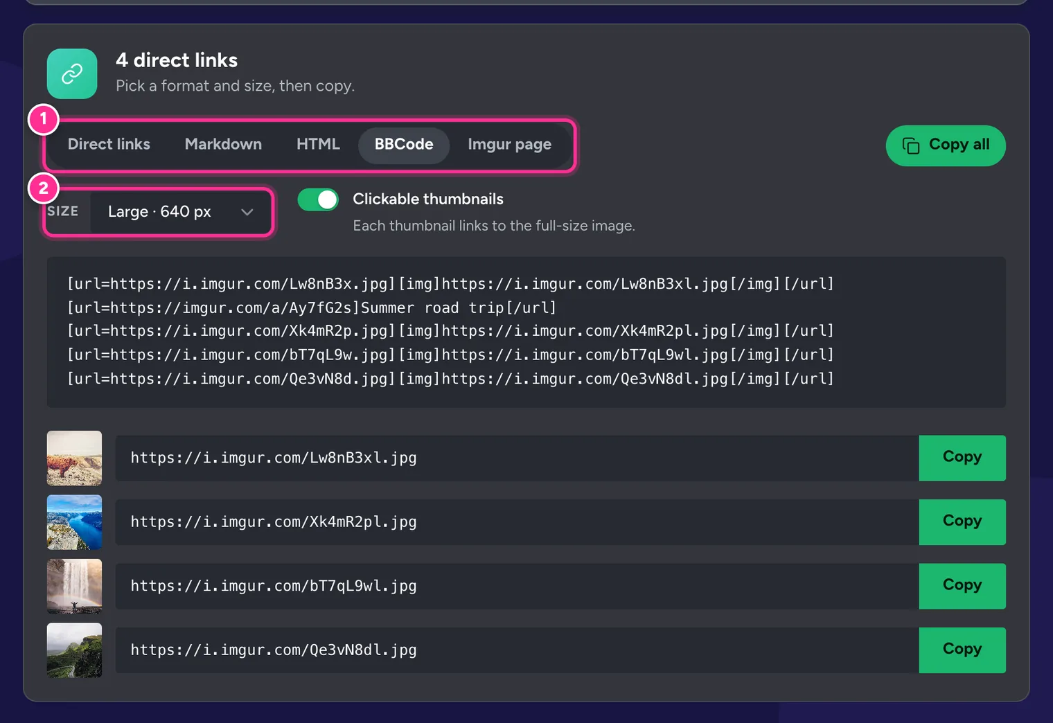 Direct link generator results on the BBCode tab with the Large 640 px size and clickable thumbnails, showing BBCode for each image