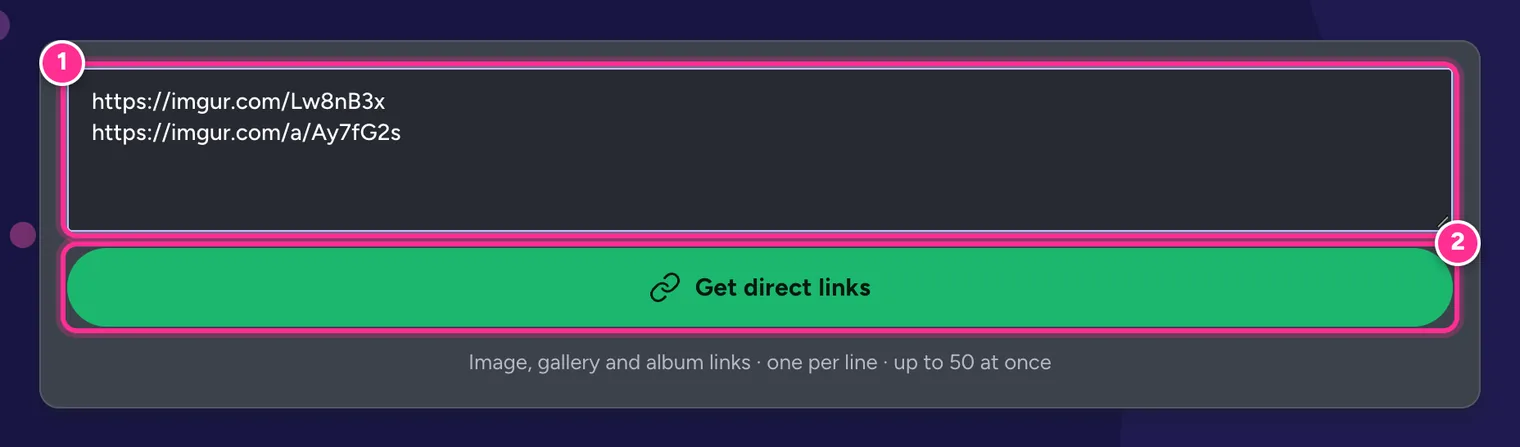 The Imgur Direct Link Generator with two Imgur links pasted, one per line, and the Get direct links button highlighted