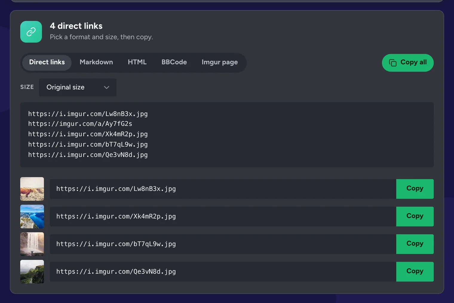 The Imgur Direct Link Generator listing direct i.imgur.com links for an image and an album, with format tabs and Copy all