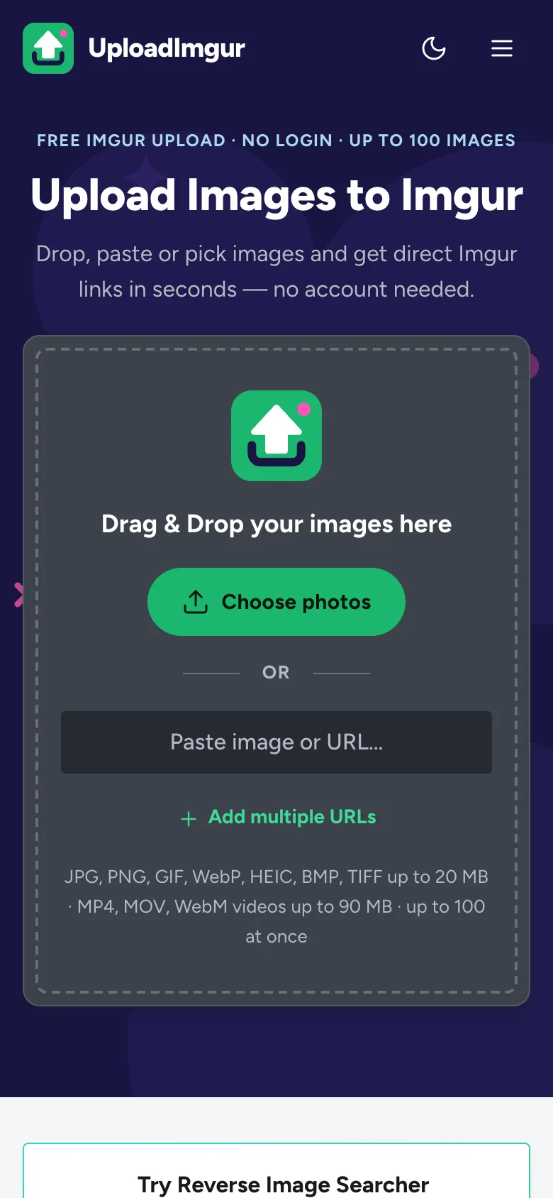 The UploadImgur home page on an iPhone with the Choose photos button