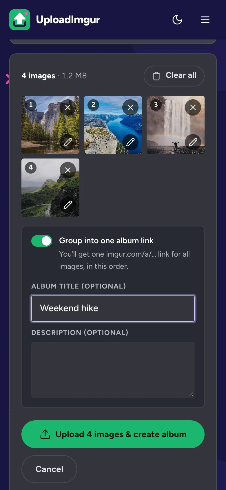 Four photos queued on an iPhone, with the album switch on and the title Weekend hike