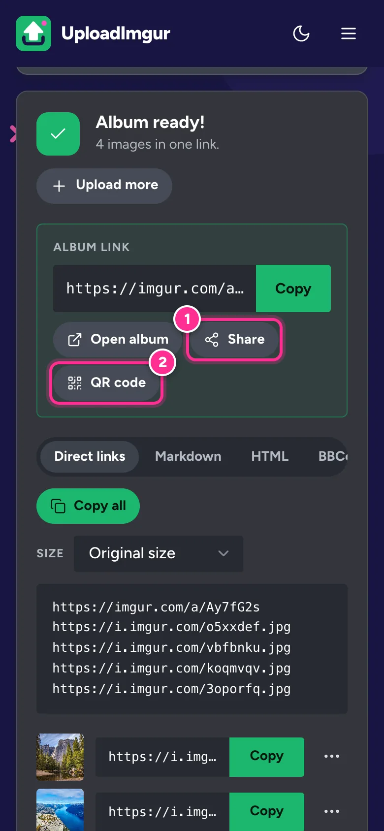 Upload results on an iPhone showing the album link with Share and QR code buttons highlighted