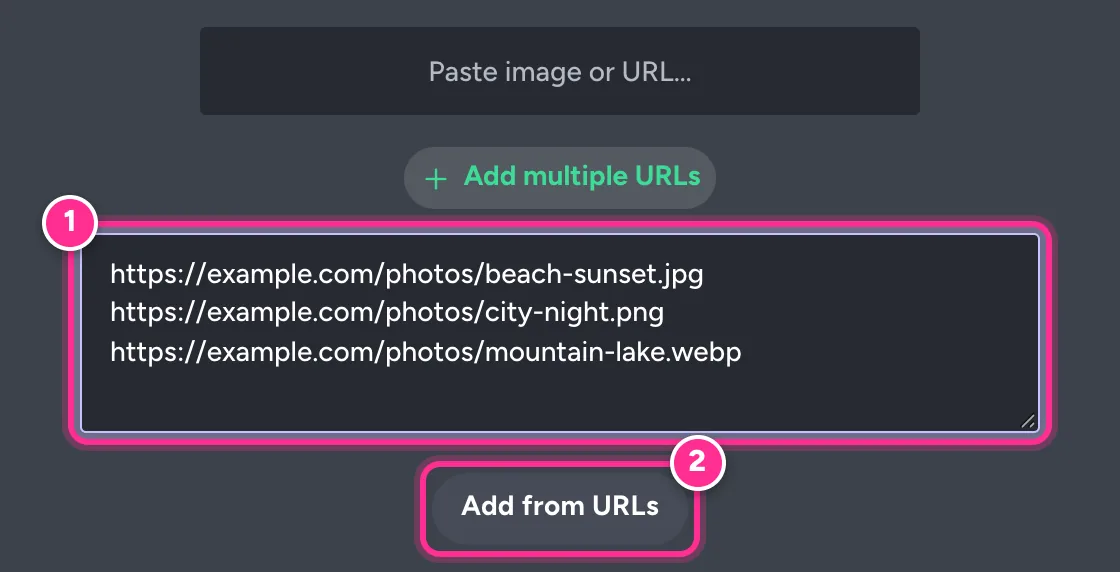The Add multiple URLs box with three image URLs, one per line, and the Add from URLs button