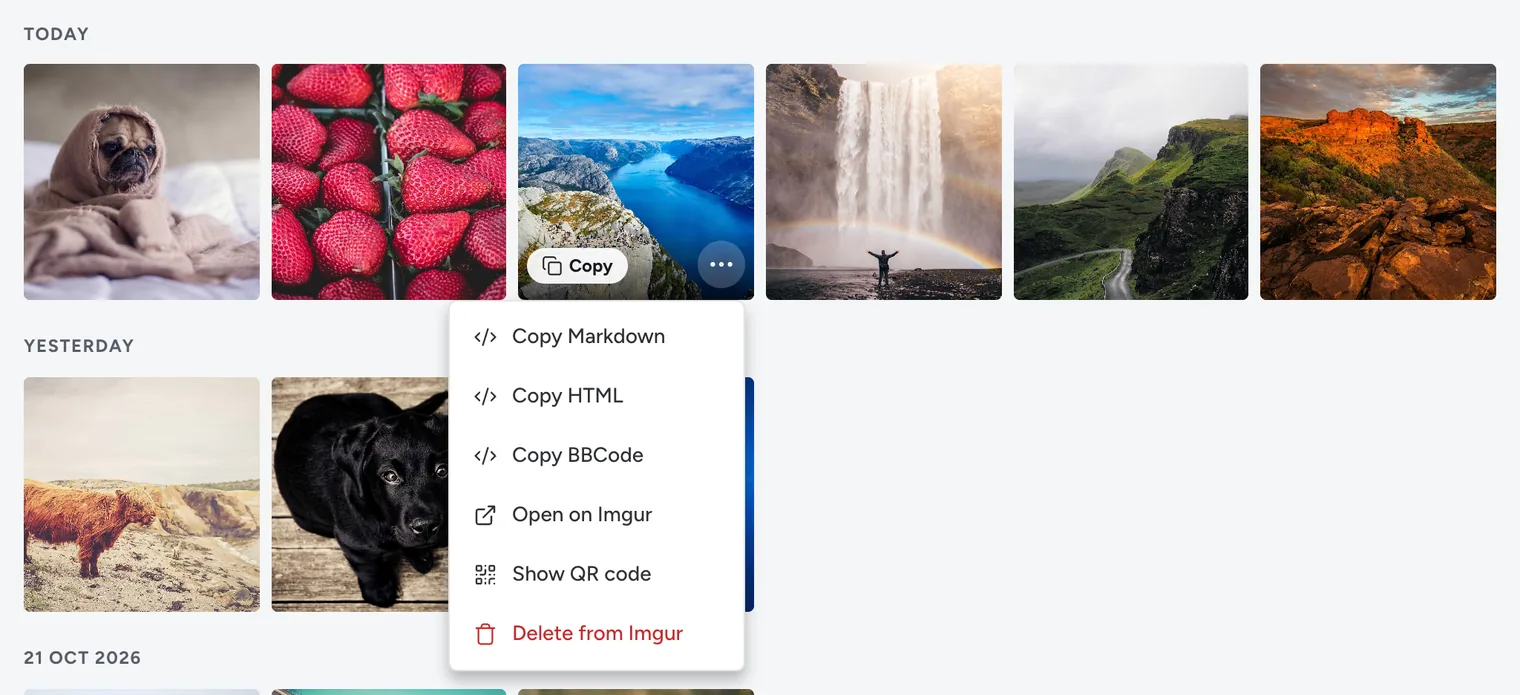 The menu for one image in My uploads: Copy Markdown, Copy HTML, Copy BBCode, Open on Imgur, Show QR code and Delete from Imgur