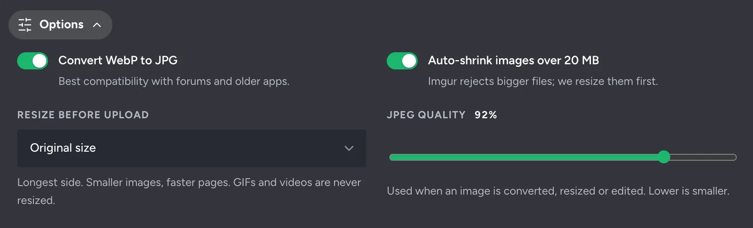 The Options panel with Auto-shrink images over 20 MB turned on, Convert WebP to JPG, Resize before upload and JPEG quality