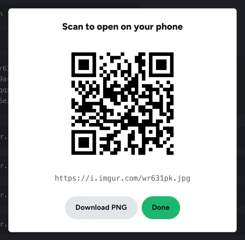 A QR code dialog titled Scan to open on your phone, with the image link and Download PNG and Done buttons