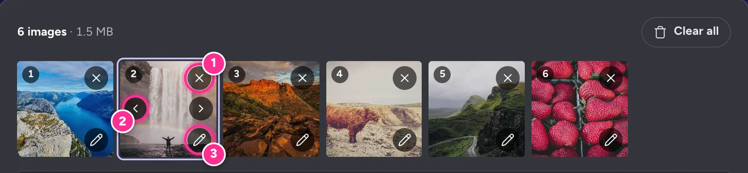 Six numbered image tiles in the queue, with the remove, move and edit buttons on the second tile highlighted