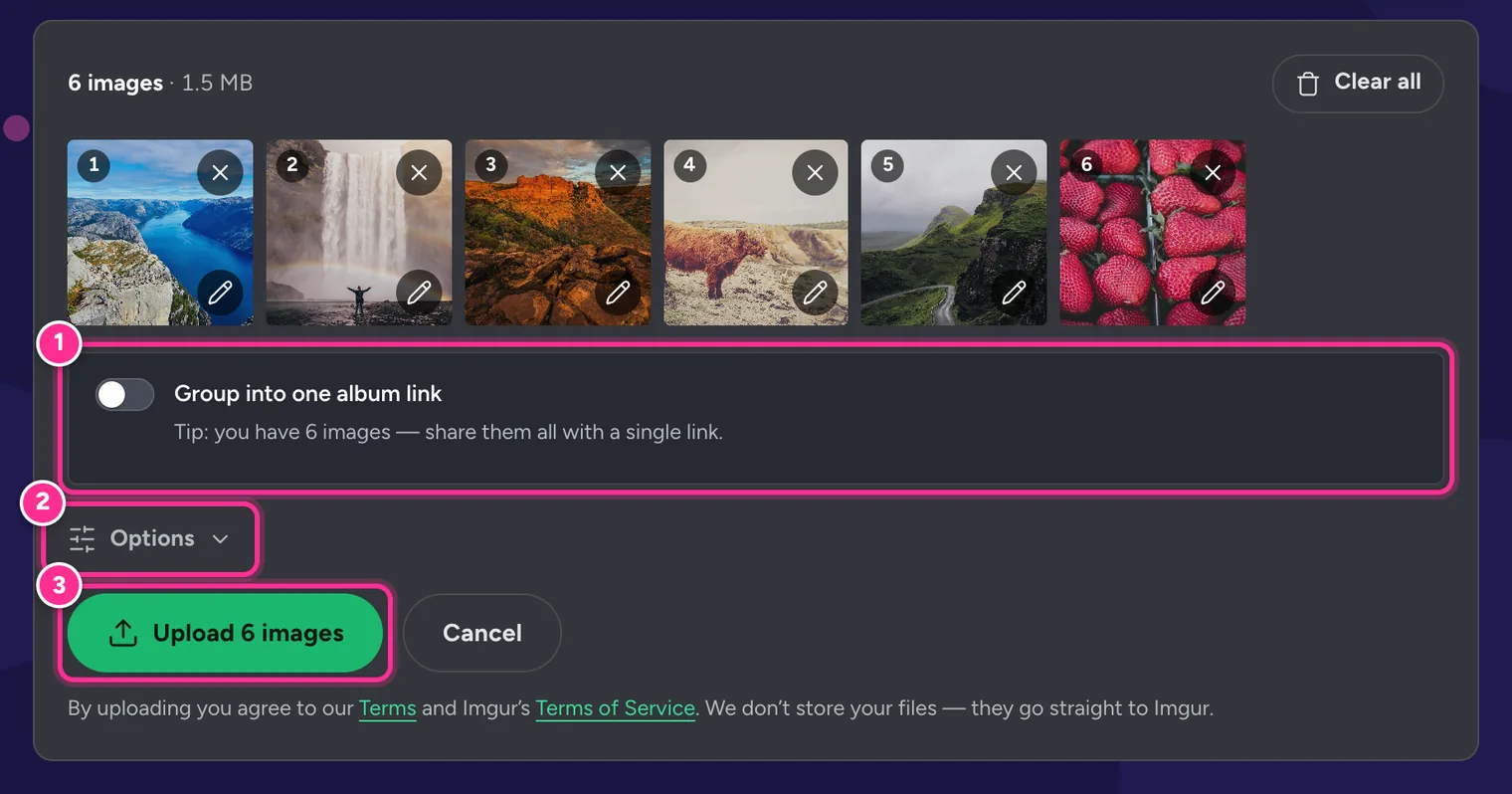 The full upload queue with numbered highlights: 1 album switch, 2 Options, 3 Upload 6 images button