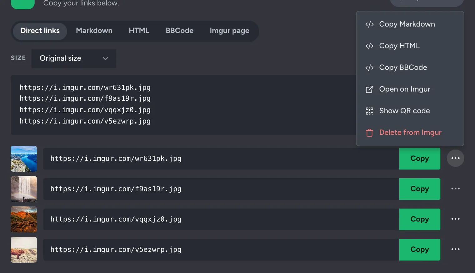 The more actions menu for one image: Copy Markdown, Copy HTML, Copy BBCode, Open on Imgur, Show QR code and Delete from Imgur