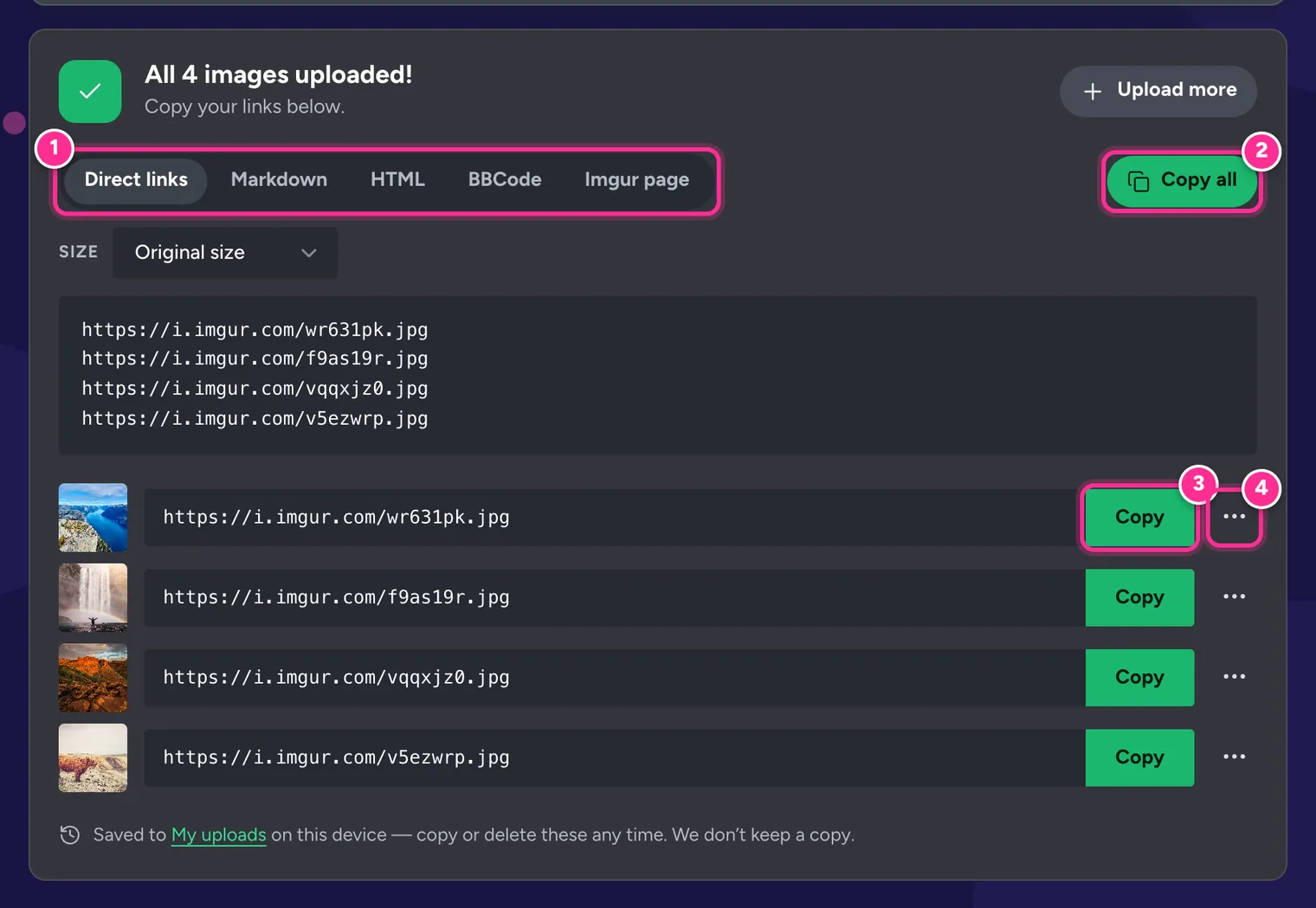 Upload results with the format tabs Direct links, Markdown, HTML, BBCode and Imgur page highlighted, plus Copy all and per-image Copy buttons