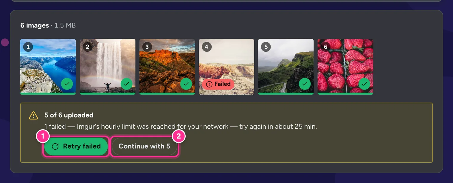 5 of 6 uploaded: one tile marked Failed and a warning that Imgur's hourly limit was reached, with Retry failed and Continue with 5 buttons