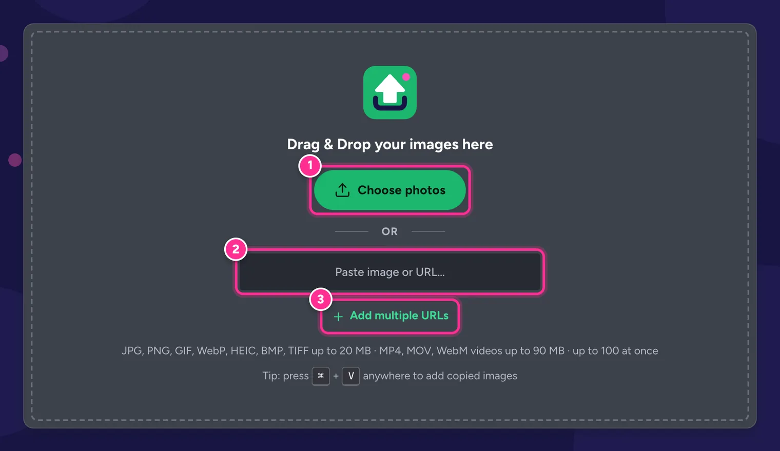 The UploadImgur upload box with the Choose photos button, the Paste image or URL field and the Add multiple URLs link highlighted