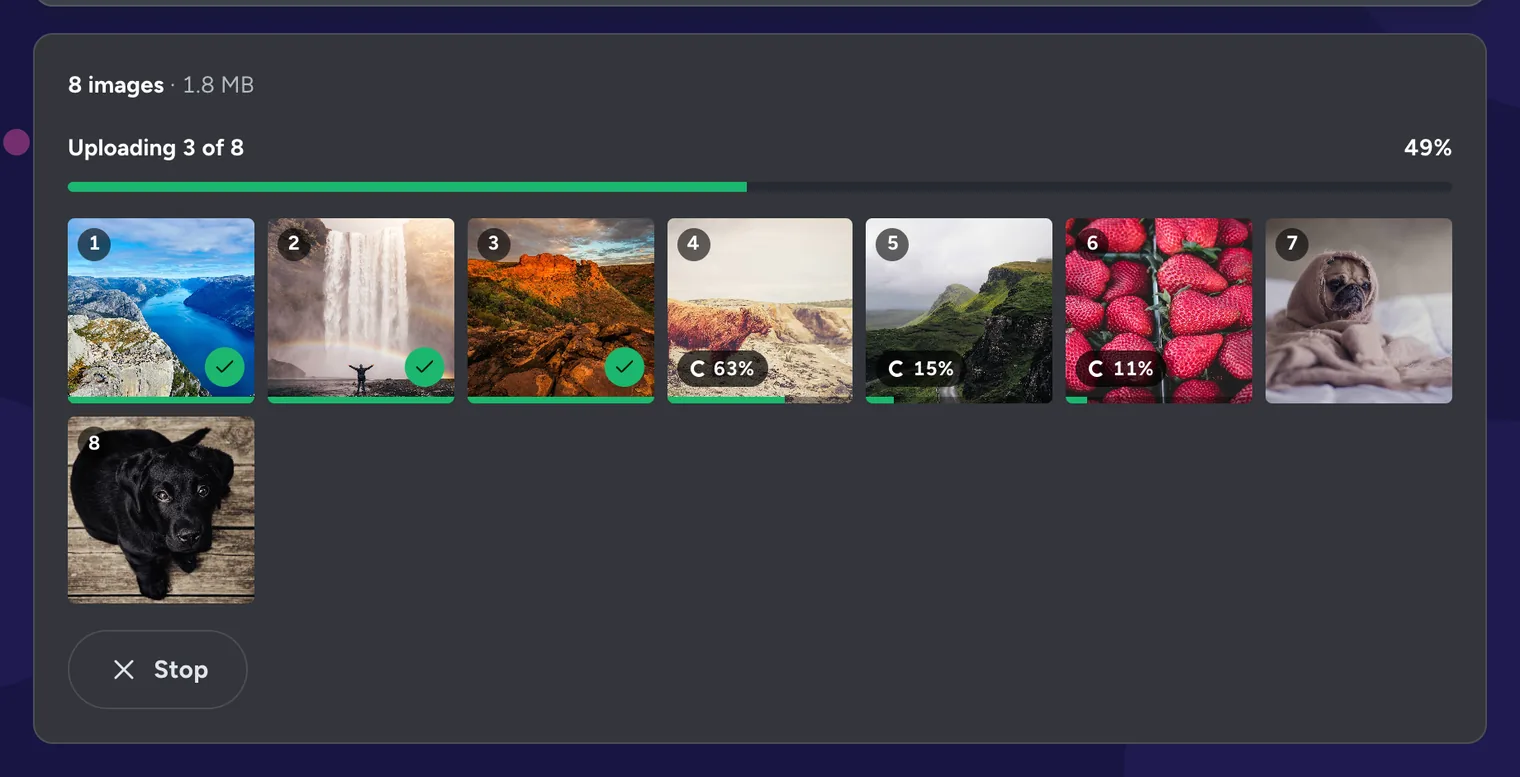 An upload in progress: Uploading 3 of 8 at 49%, with check marks on finished tiles and percentages on the ones still uploading