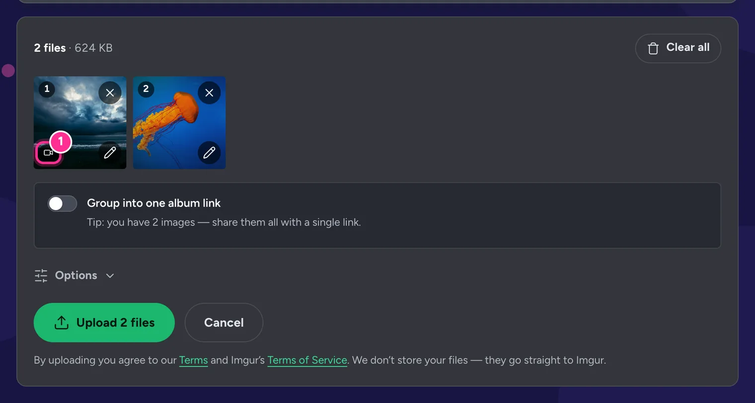 The upload queue with a video tile showing a camera badge and a photo tile, and the Upload 2 files button